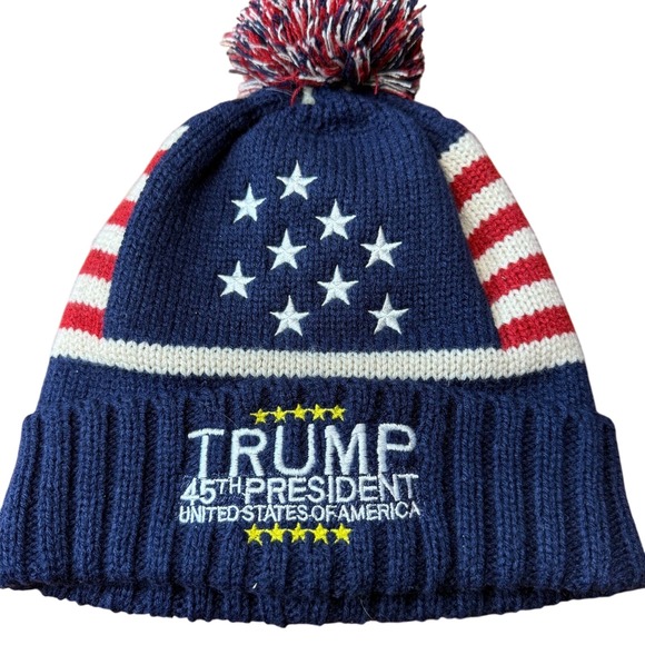 Unbranded Other - Donald Trump 45th President Beanie Hat Stars Stripes Pom Knit Navy Blue USA MAGA